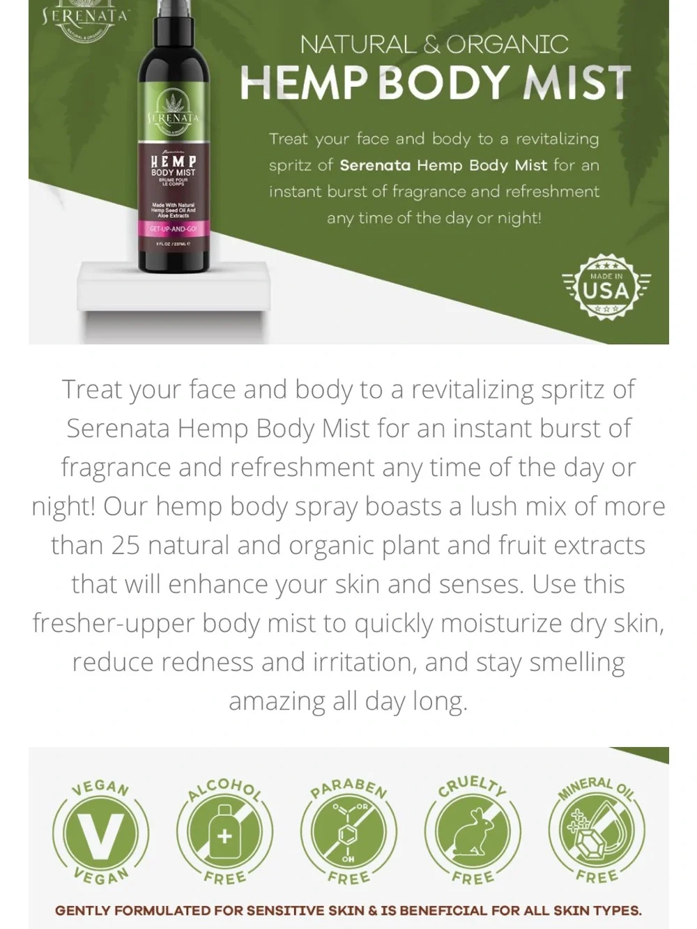 Serenata Hemp Body 8oz Hydrating Aloe Spray Vegan Natural Fragrance NEW